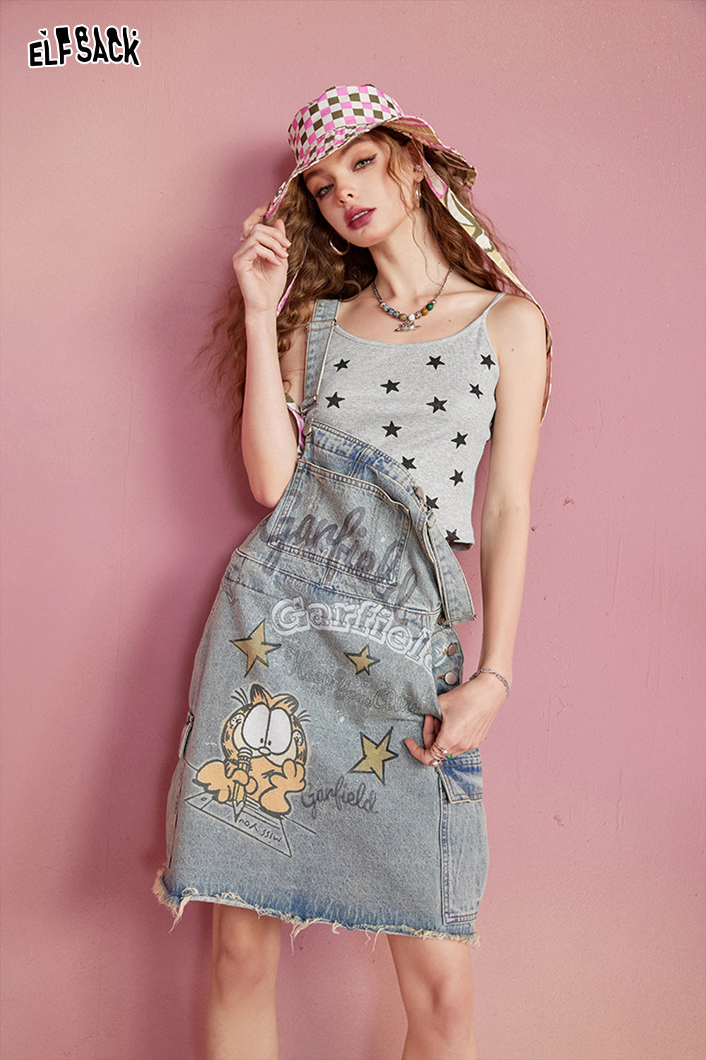 ELFSACK Star Print Gray Small Strap Women's Underlay Sleeveless Bottom Top