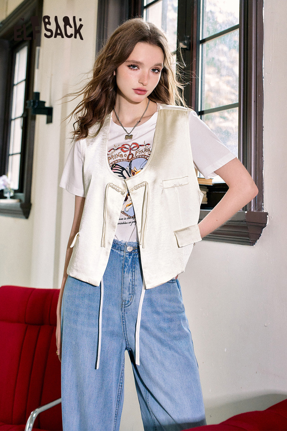 ELFSACK Chinese style outerwear unique waistcoat vest thin vest