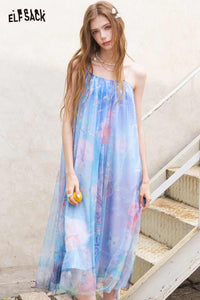 ELFSACK 2 In 1 Floral Tulle Spaghetti Strap Maxi Dress