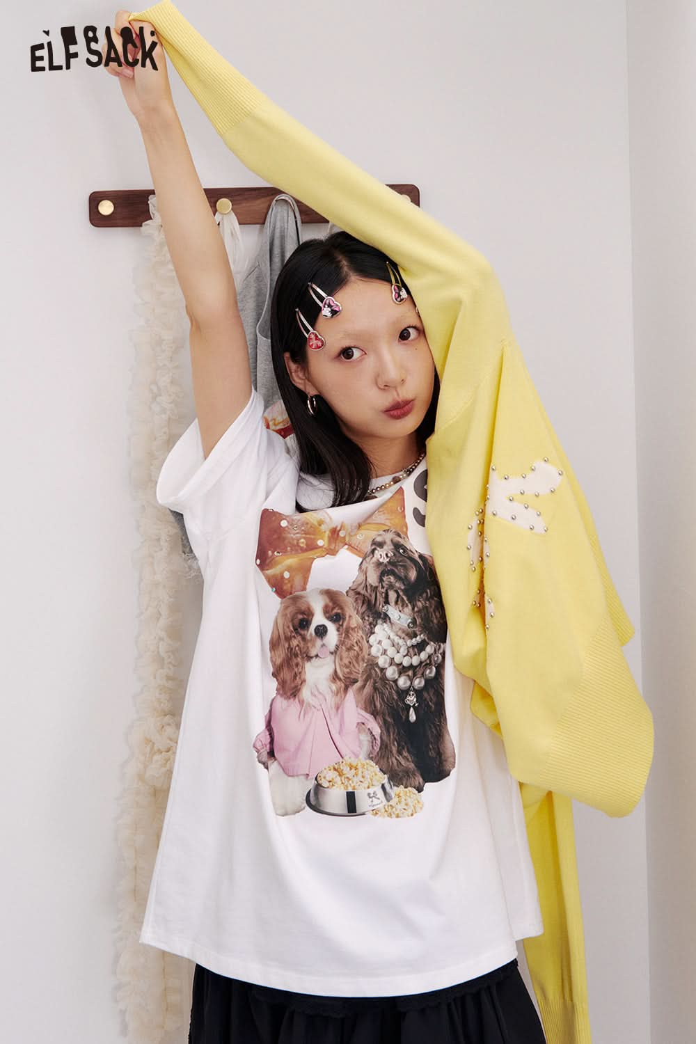 ELFSACK Y2K Puppy Print Short Sleeve T-shirt Women Loose Casual Cotton Top