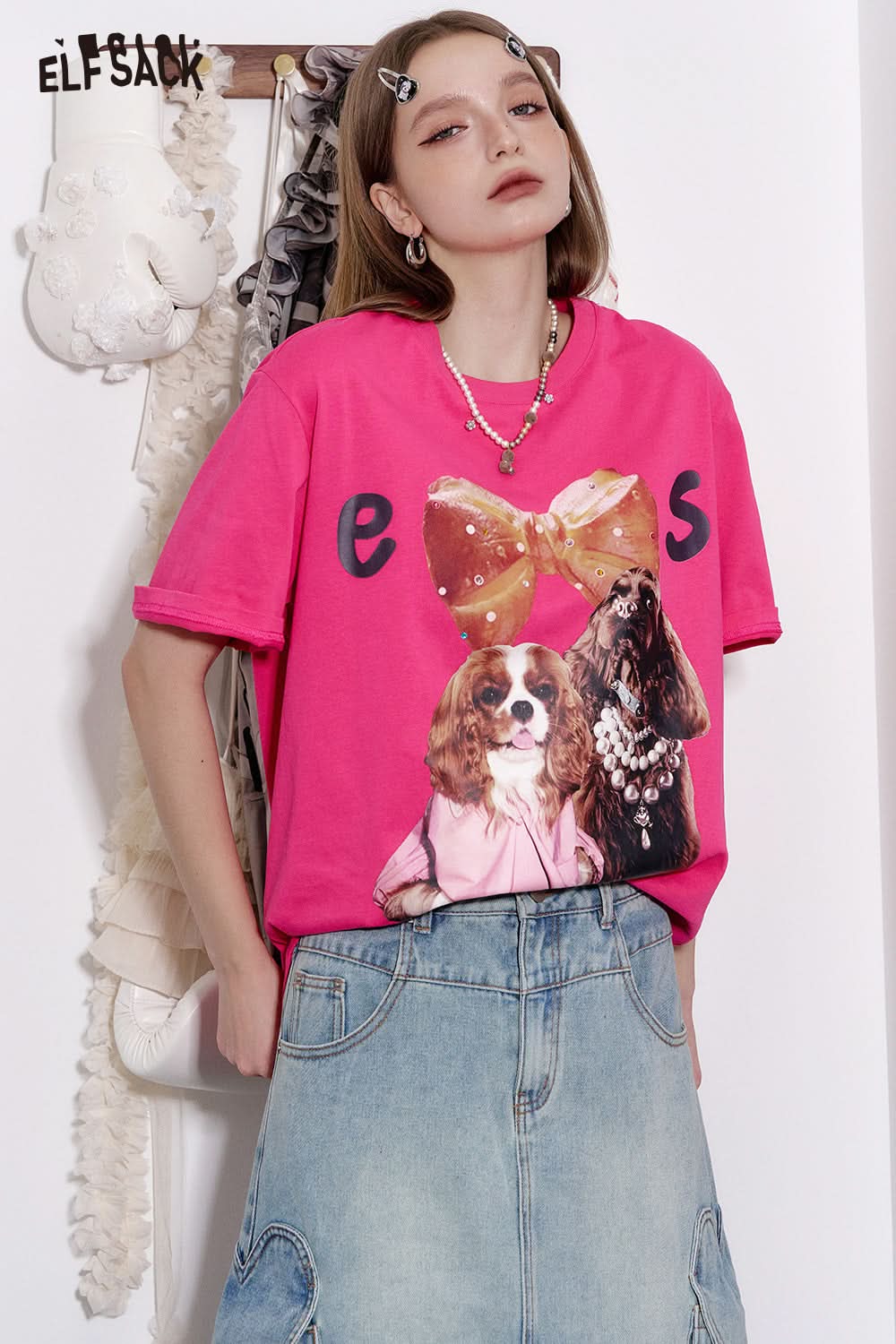 ELFSACK Y2K Puppy Print Short Sleeve T-shirt Women Loose Casual Cotton Top