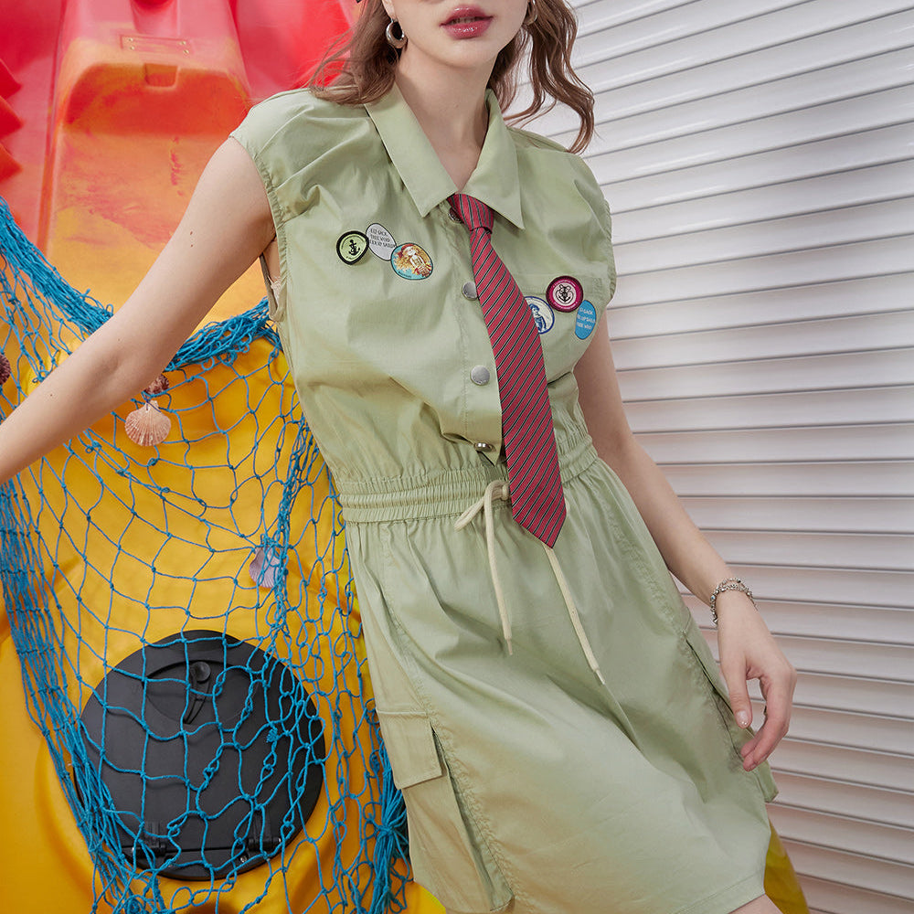 ELFSACK 2024 Summer New Arrivals Military green preppy style small waist slimming workwear sleeveless dress for women