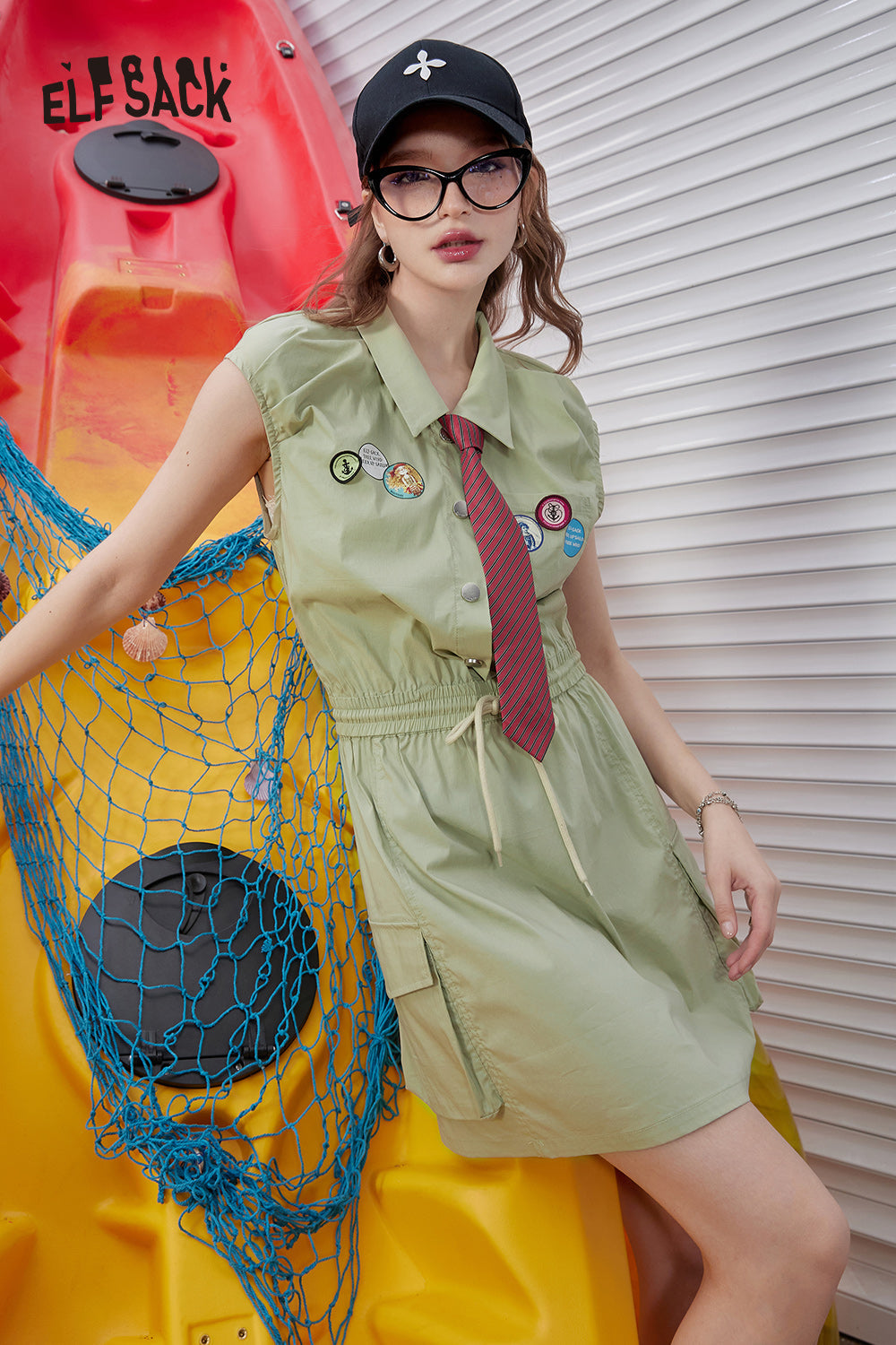 ELFSACK 2024 Summer New Arrivals Military green preppy style small waist slimming workwear sleeveless dress for women