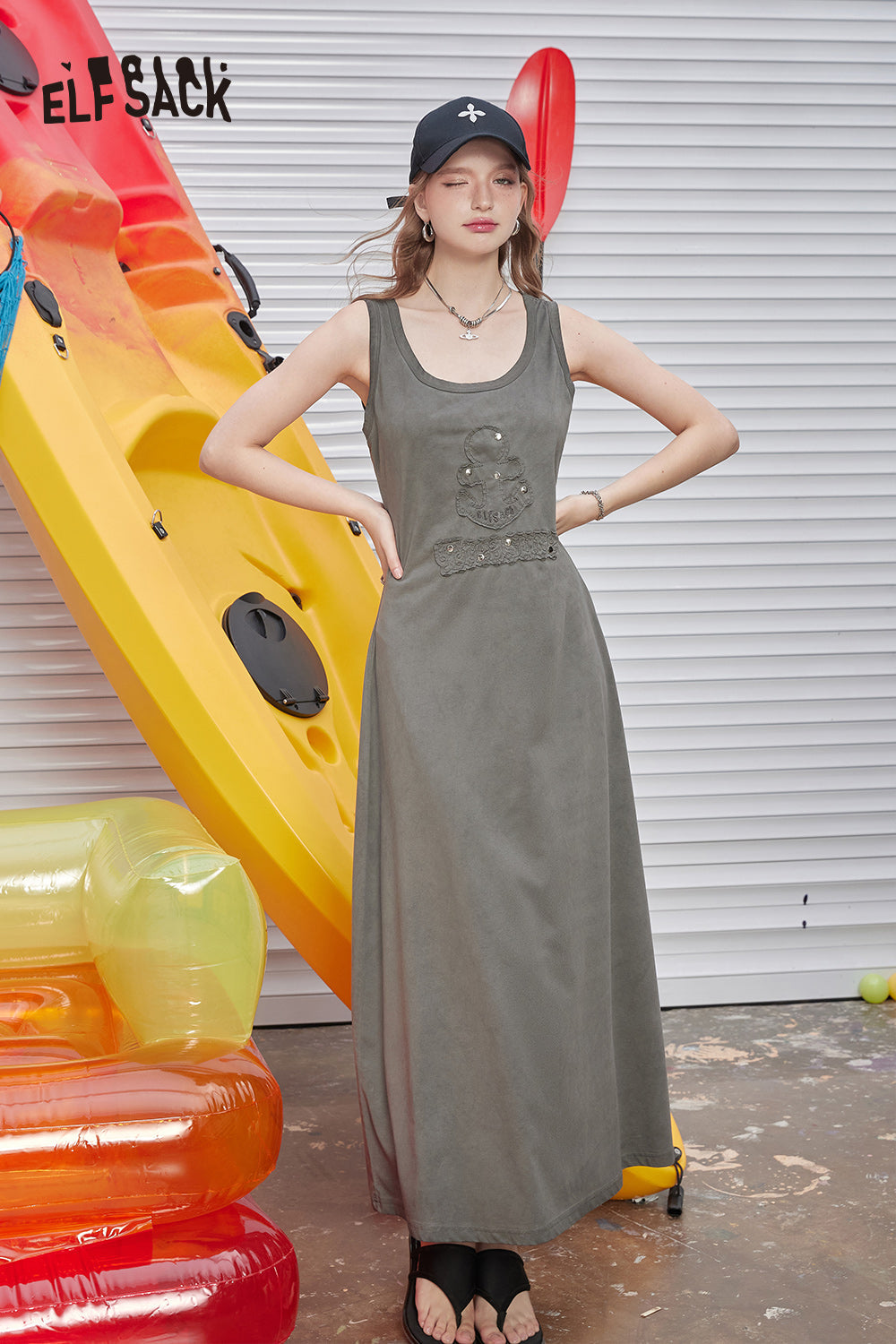 ELFSACK U-neck pink knitted casual gentle style solid color slim vest sleeveless dress