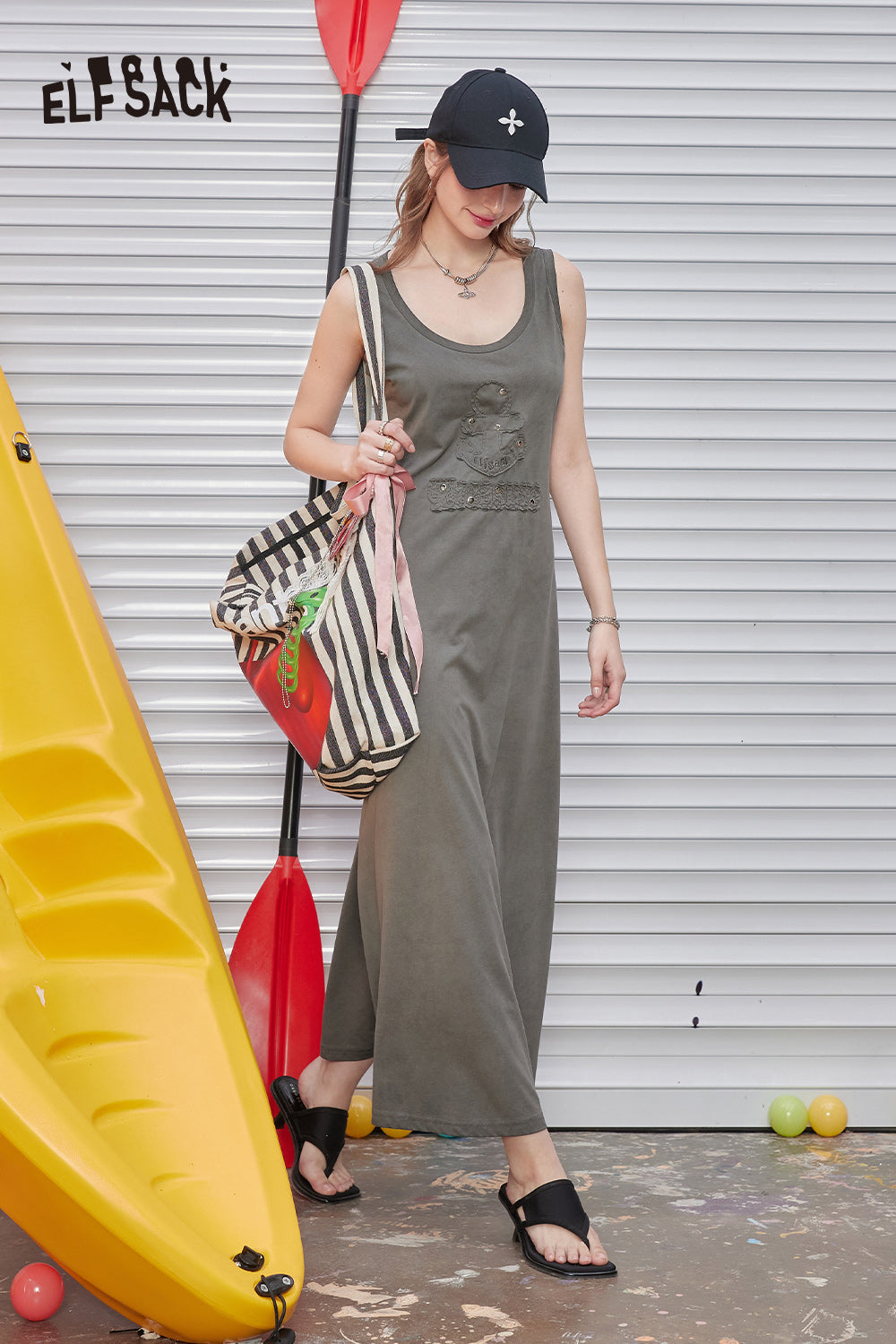 ELFSACK U-neck pink knitted casual gentle style solid color slim vest sleeveless dress