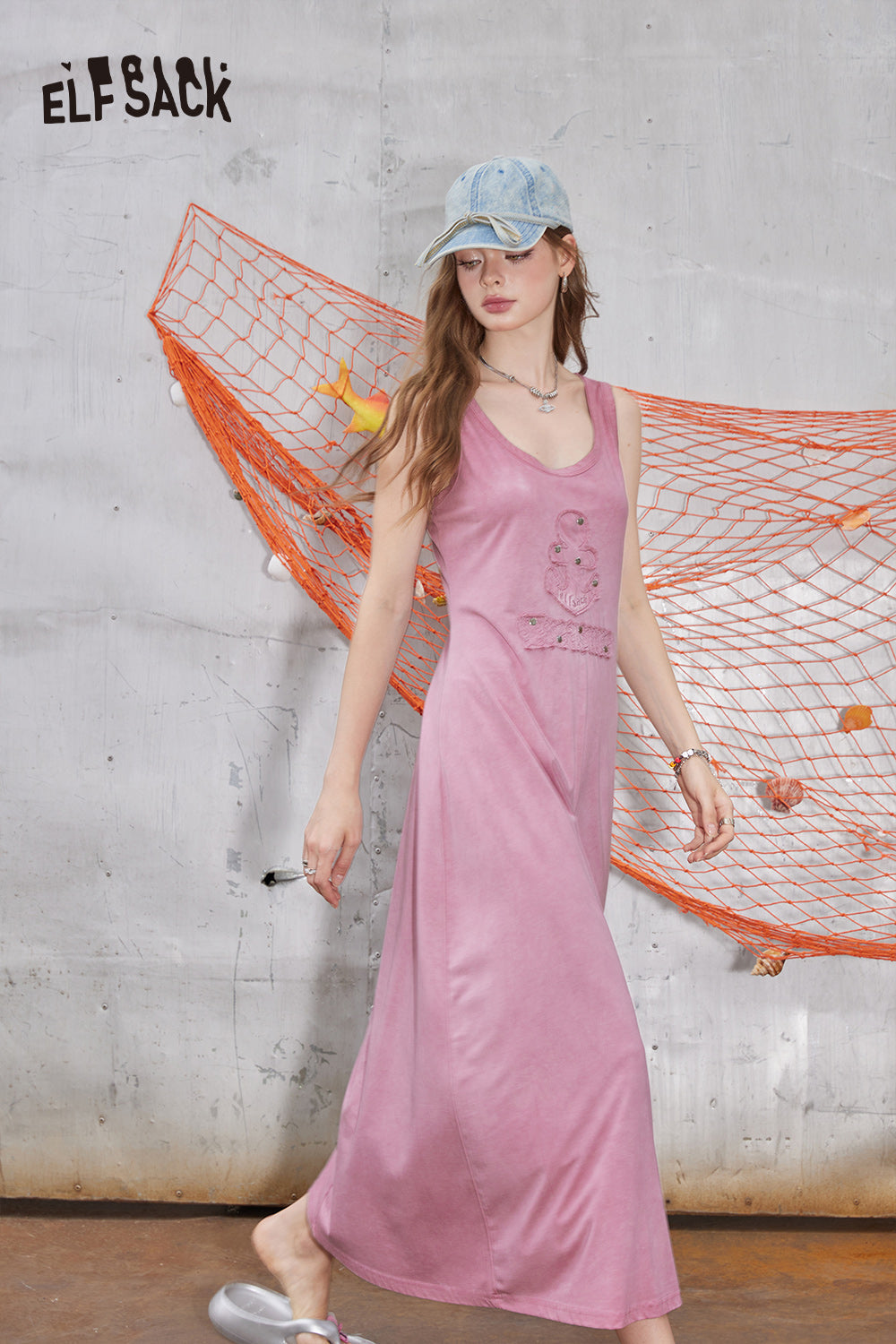 ELFSACK U-neck pink knitted casual gentle style solid color slim vest sleeveless dress