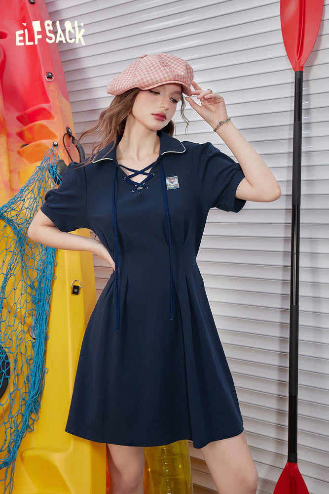 
                  
                    ELFSACK 2024 Summer New Arrivals Navy blue college style age-reducing tie-back A-line puff sleeve casual dress for women
                  
                