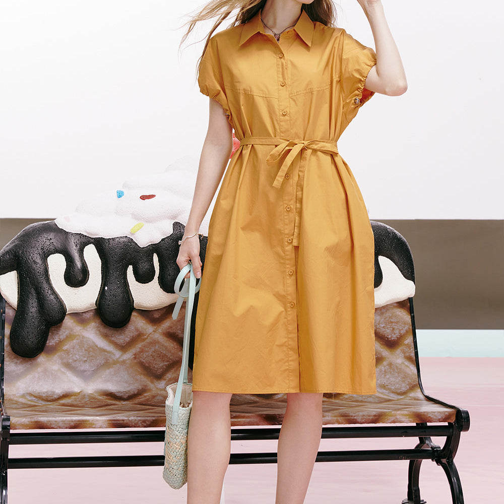 
                  
                    ELFSACK 2024 summer new arrival Green puff sleeve waist high-end temperament slim shirt dress for women
                  
                