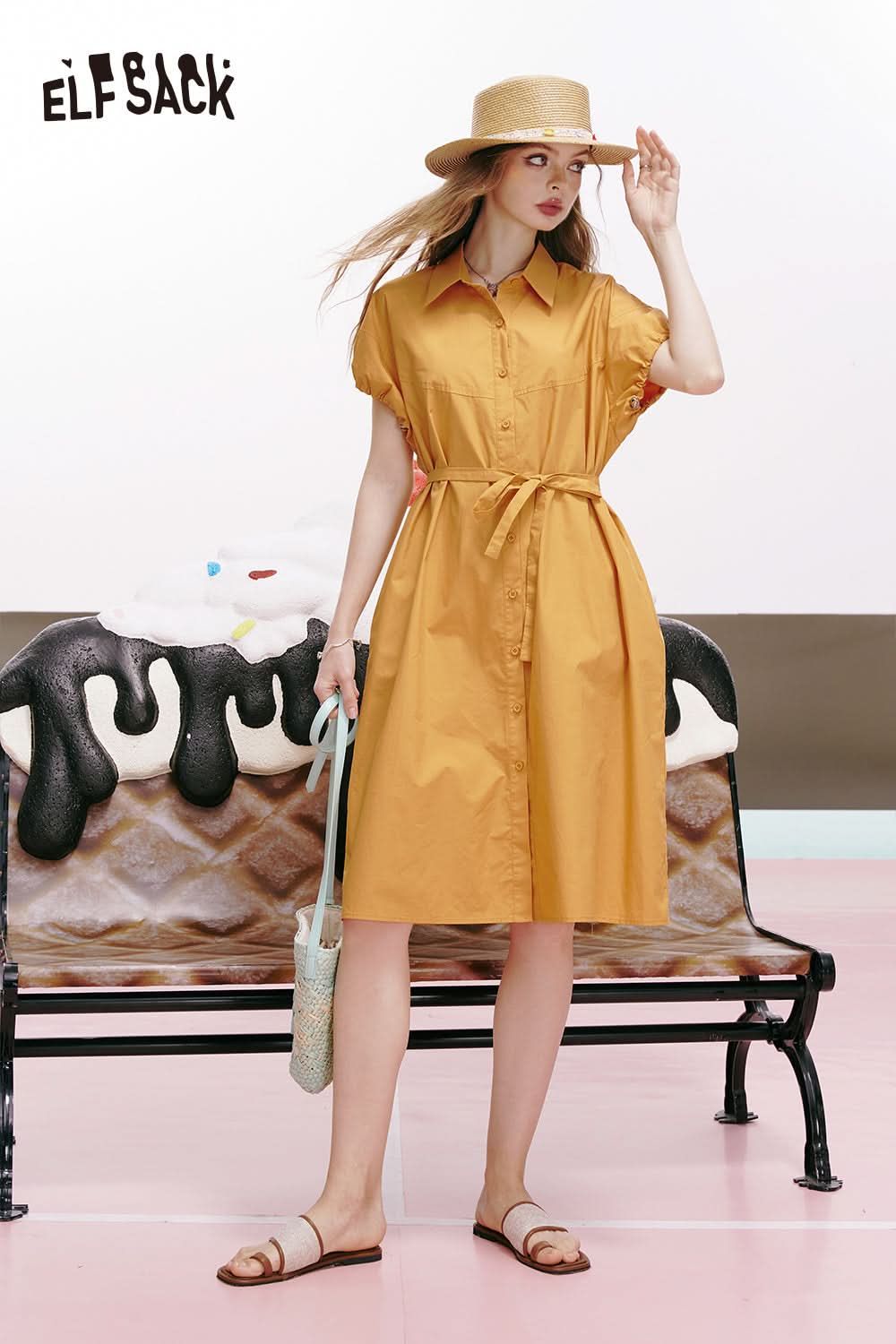 ELFSACK Green puff sleeve waist high-end temperament slim shirt dress