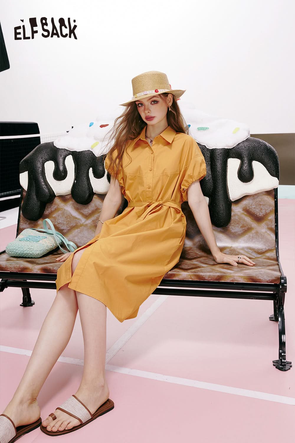 ELFSACK Green puff sleeve waist high-end temperament slim shirt dress