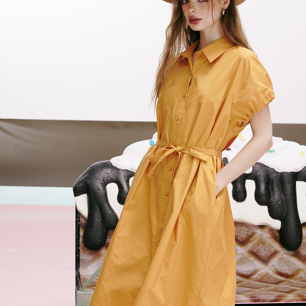 
                  
                    ELFSACK 2024 summer new arrival Green puff sleeve waist high-end temperament slim shirt dress for women
                  
                