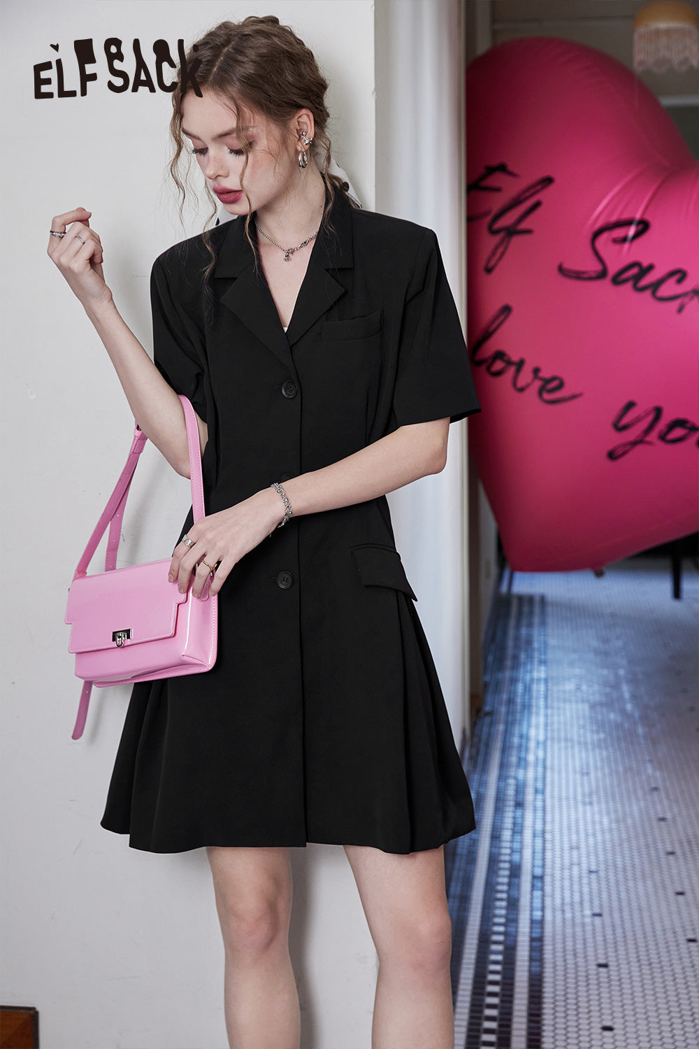 ELFSACK High waist backless black casual slim temperament sexy suit dress
