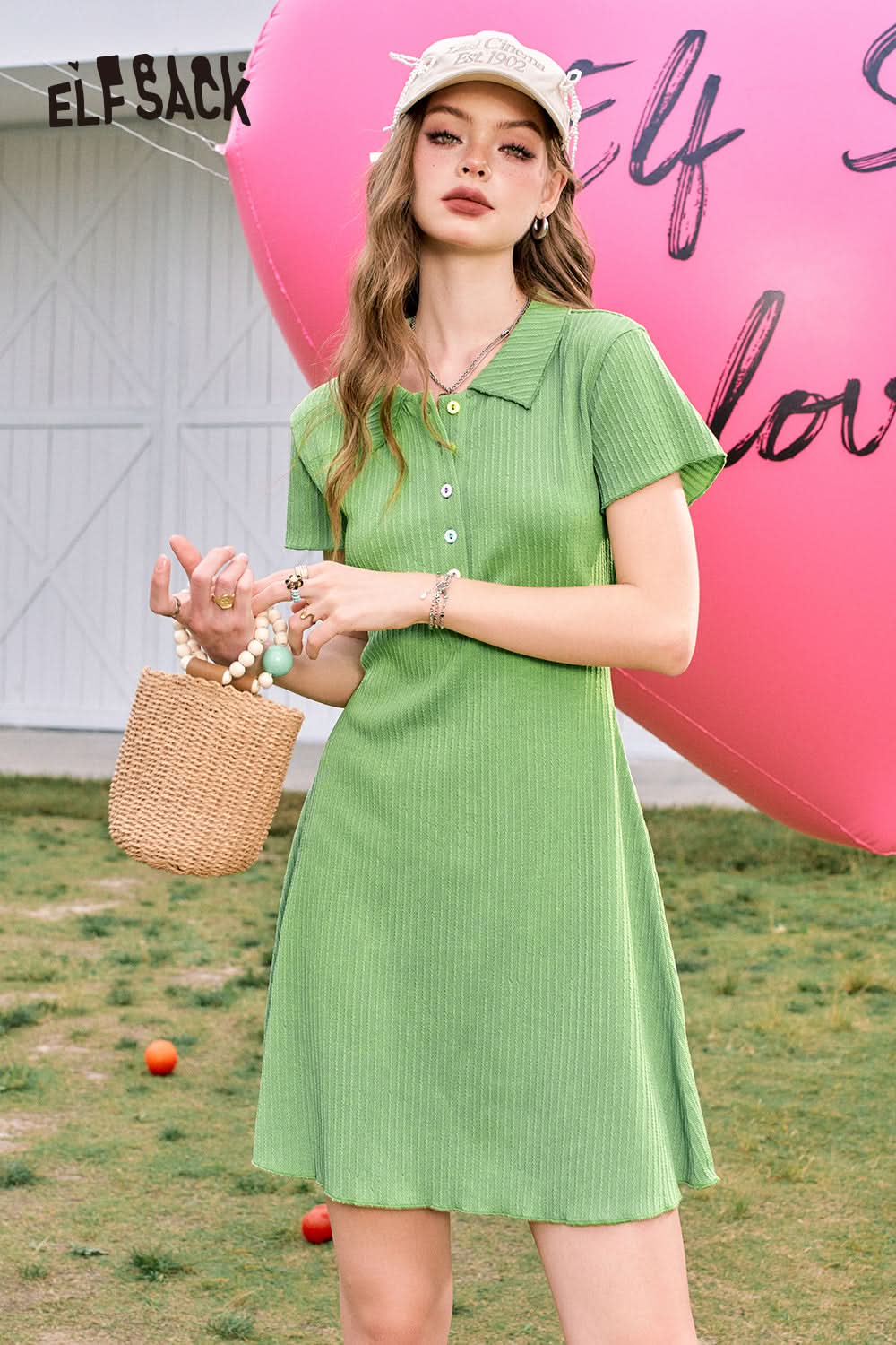 ELFSACK Green casual style lapel button gentle temperament knitted dress