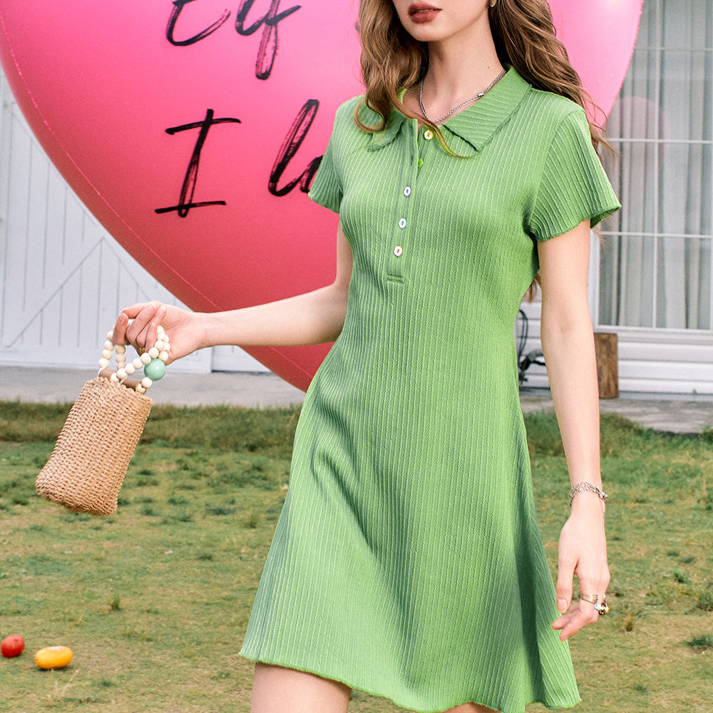 
                  
                    ELFSACK 2024 Summer New Arrivals Green casual style lapel button gentle temperament knitted dress for women
                  
                