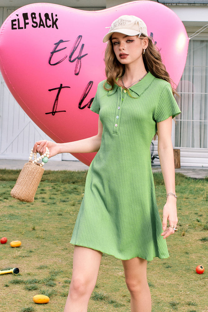 
                  
                    ELFSACK 2024 Summer New Arrivals Green casual style lapel button gentle temperament knitted dress for women
                  
                