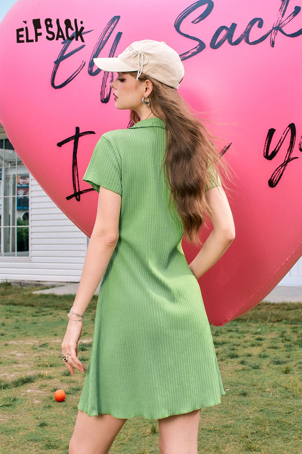 ELFSACK Green casual style lapel button gentle temperament knitted dress