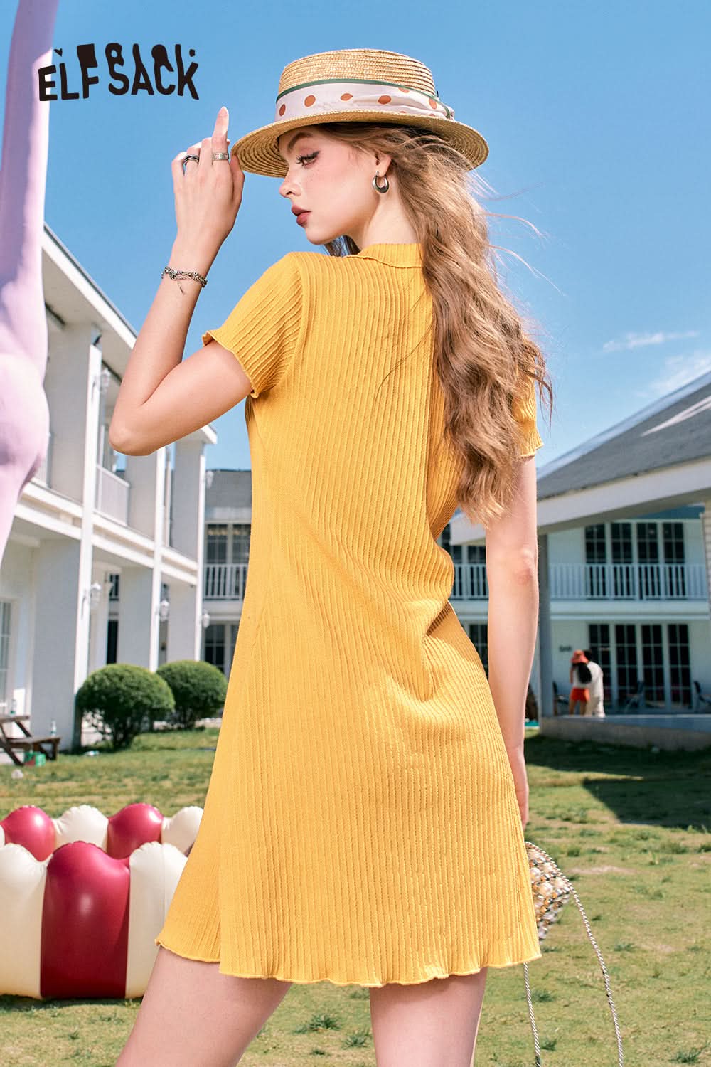 ELFSACK Green casual style lapel button gentle temperament knitted dress