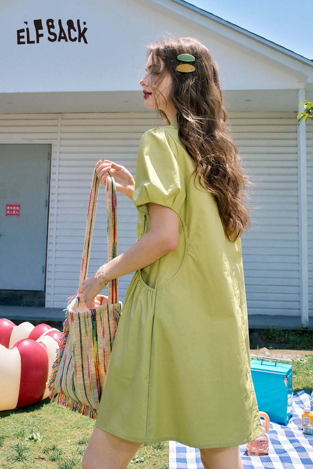 ELFSACK Pink Puff Sleeve Waisted Gentle Style Princess Shirt Dress