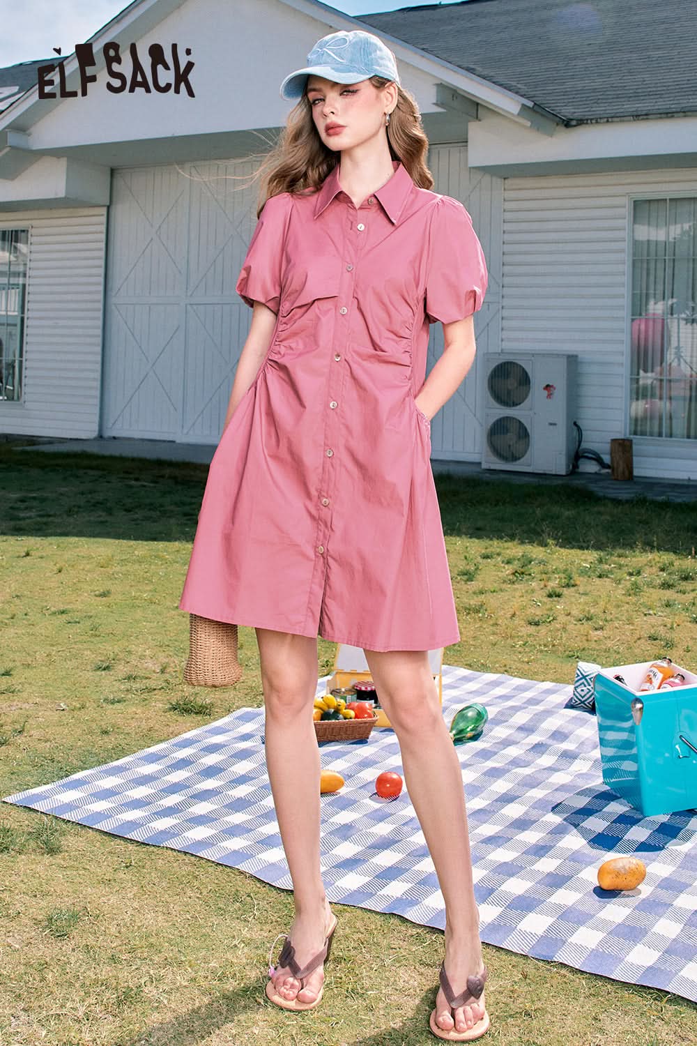 ELFSACK Pink Puff Sleeve Waisted Gentle Style Princess Shirt Dress