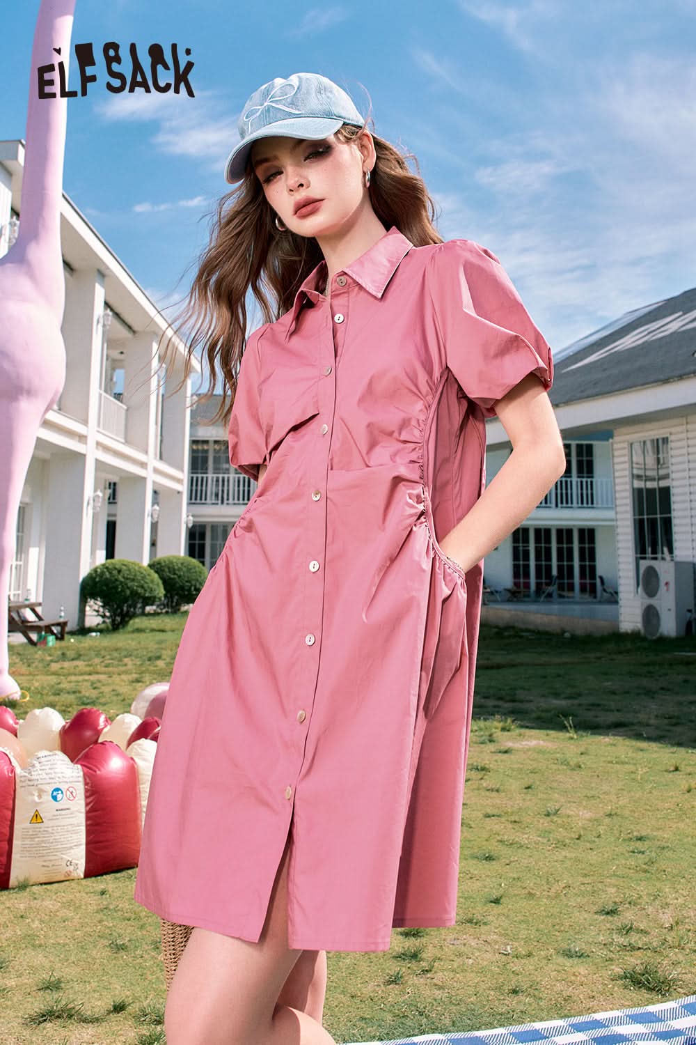 ELFSACK Pink Puff Sleeve Waisted Gentle Style Princess Shirt Dress