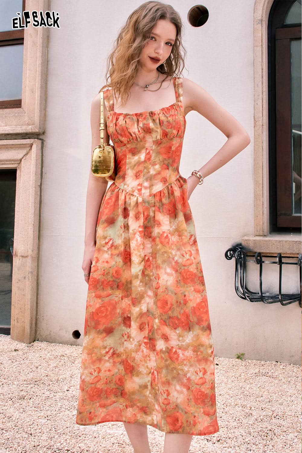 ELFSACK French retro oil painting printed camisole dress with waistband, light and sexy summer vacation dress