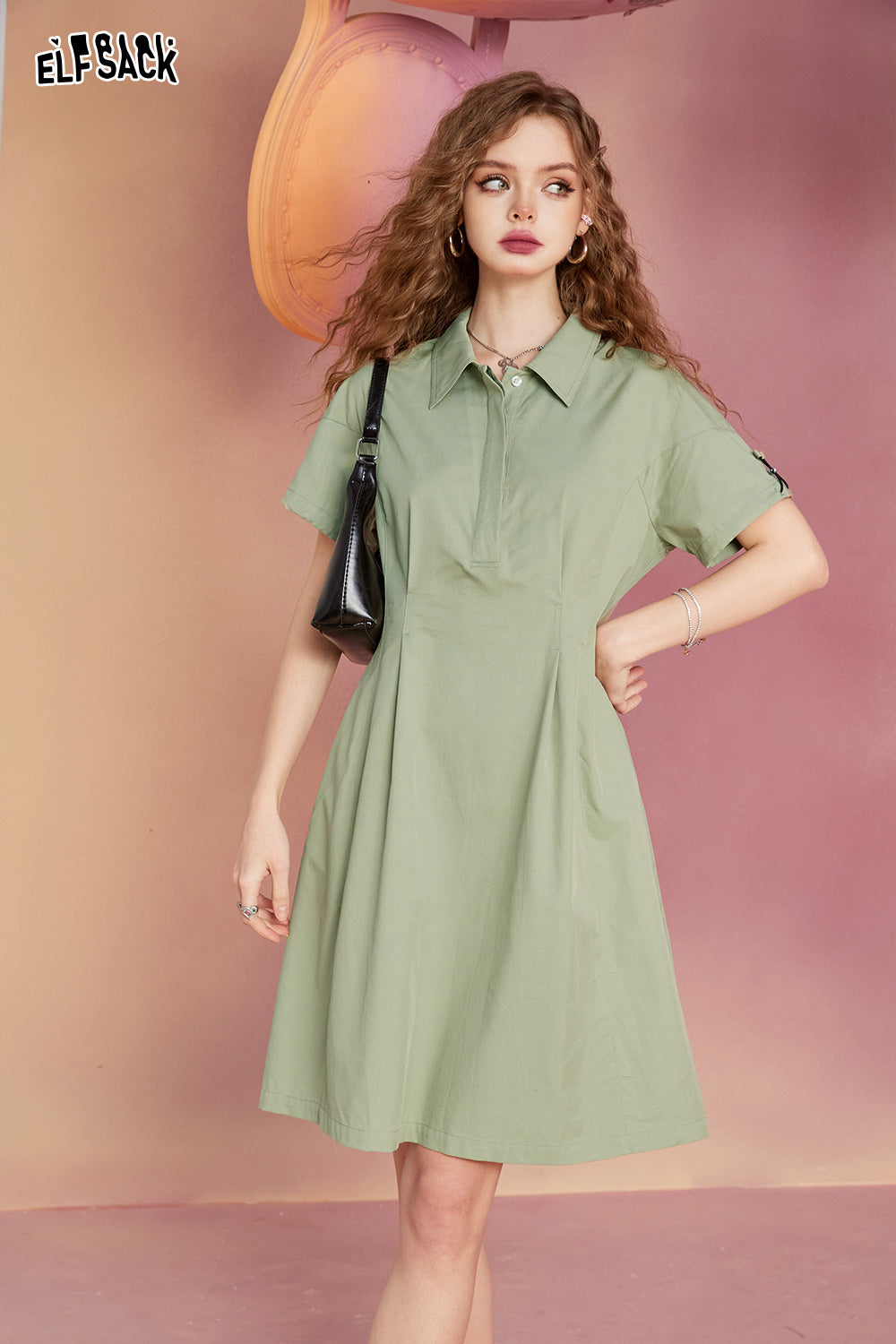 ELFSACK work dress with waistband, military green casual, simple and loose fitting, summer light sports skirt