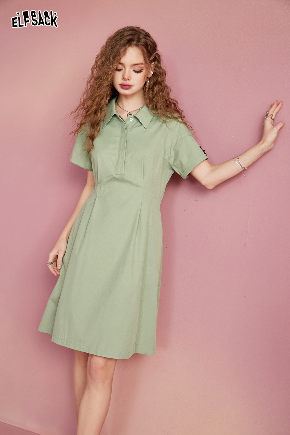 ELFSACK work dress with waistband, military green casual, simple and loose fitting, summer light sports skirt