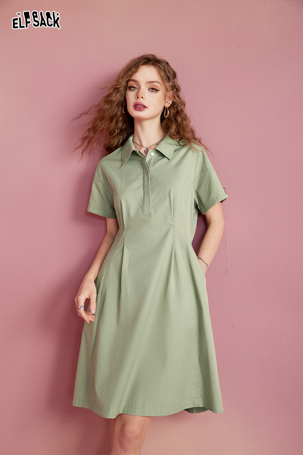 ELFSACK work dress with waistband, military green casual, simple and loose fitting, summer light sports skirt