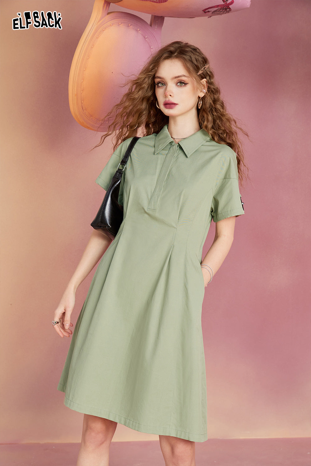ELFSACK work dress with waistband, military green casual, simple and loose fitting, summer light sports skirt