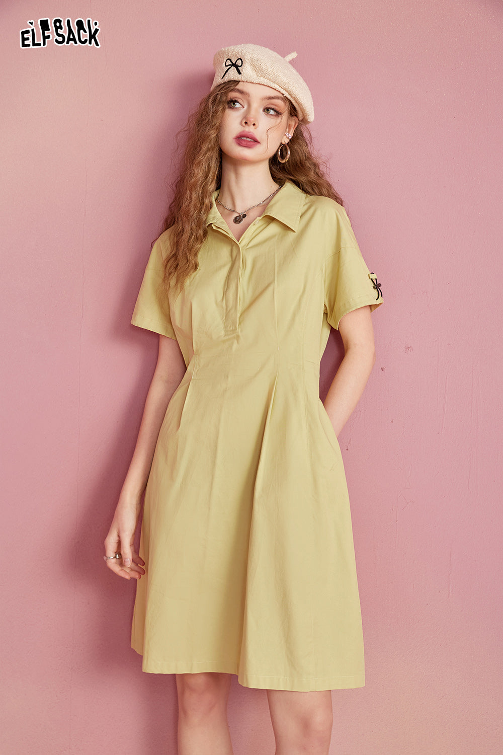 ELFSACK work dress with waistband, military green casual, simple and loose fitting, summer light sports skirt