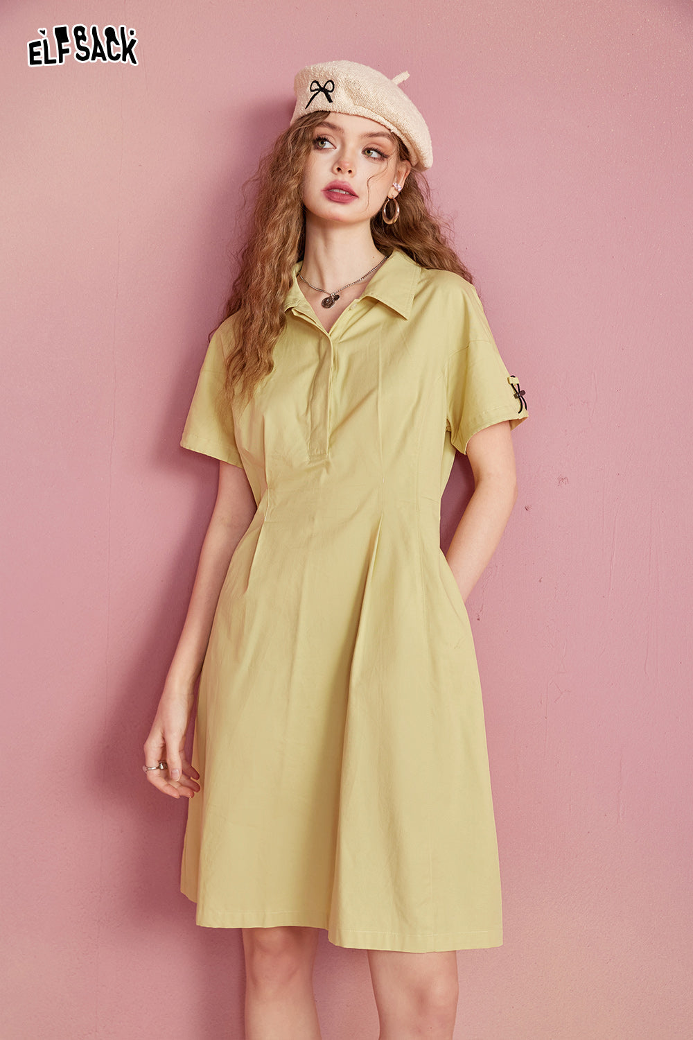 ELFSACK New work dress with waistband, military green casual, simple and loose fitting, summer light sports skirt