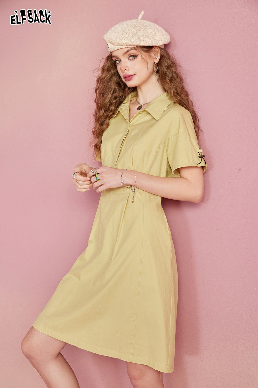 ELFSACK work dress with waistband, military green casual, simple and loose fitting, summer light sports skirt