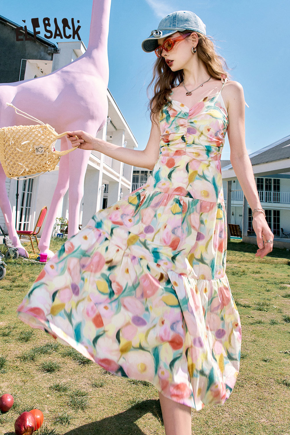 ELFSACK V-neck floral waist slimming holiday style suspender dress