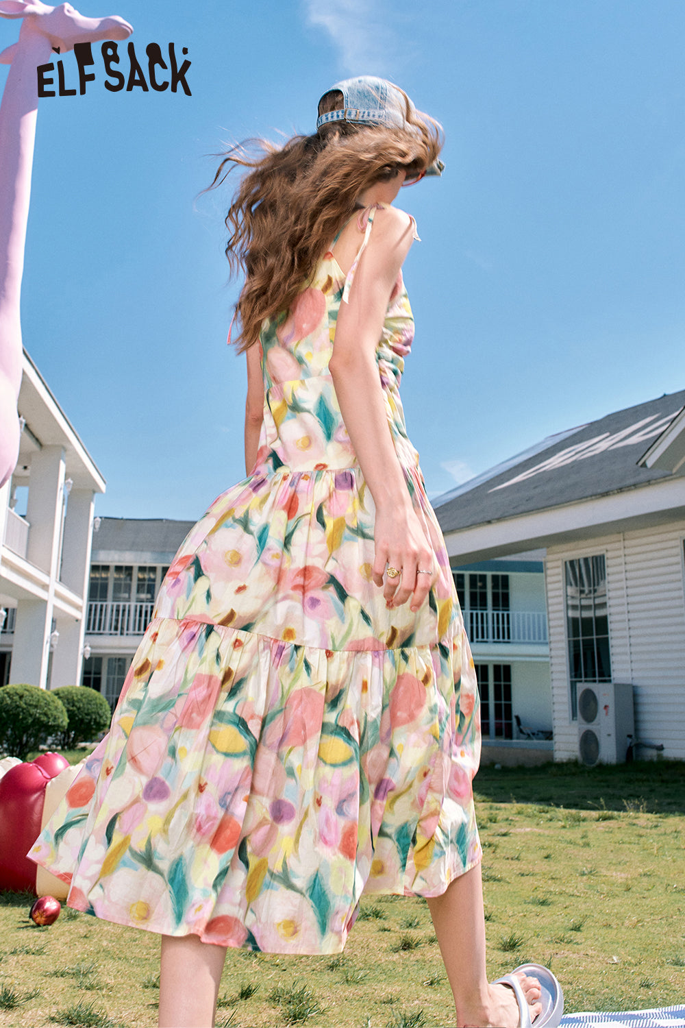 ELFSACK V-neck floral waist slimming holiday style suspender dress