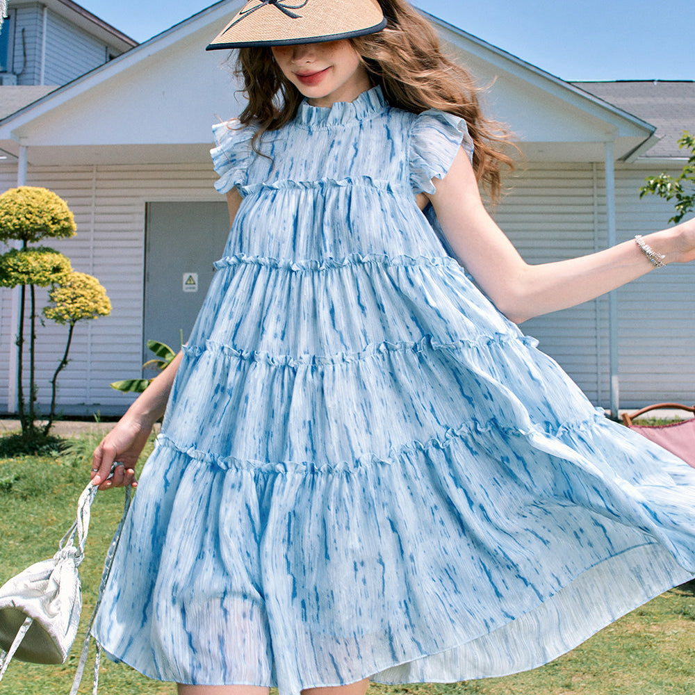 ELFSACK 2024 Summer New Arrivals Blue flying sleeves doll collar cute style small princess blue dress for women