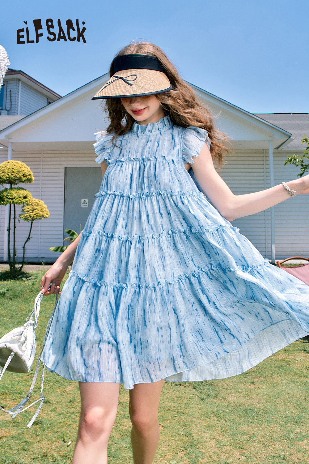 ELFSACK 2024 Summer New Arrivals Blue flying sleeves doll collar cute style small princess blue dress for women