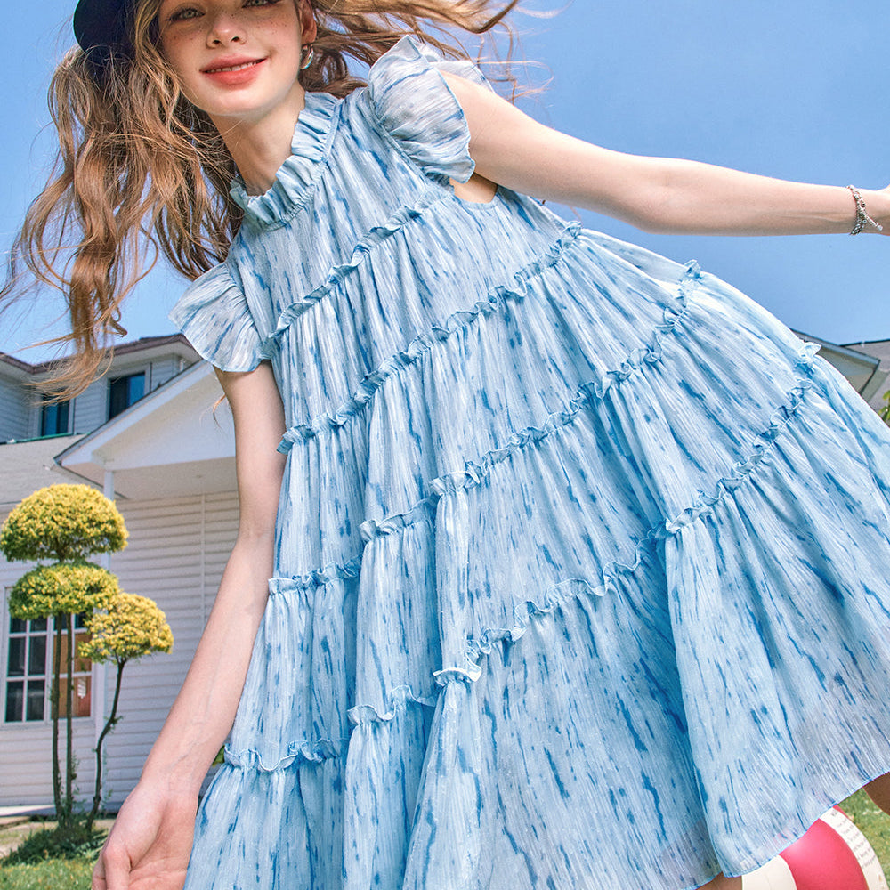 
                  
                    ELFSACK 2024 Summer New Arrivals Blue flying sleeves doll collar cute style small princess blue dress for women
                  
                