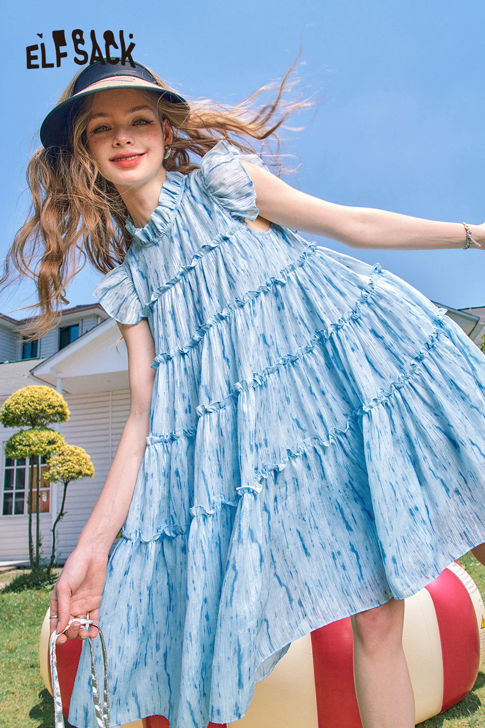 
                  
                    ELFSACK 2024 Summer New Arrivals Blue flying sleeves doll collar cute style small princess blue dress for women
                  
                