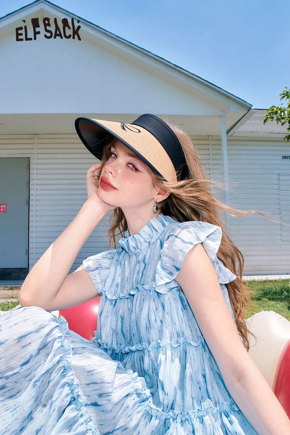 ELFSACK Blue flying sleeves doll collar cute style small princess blue dress