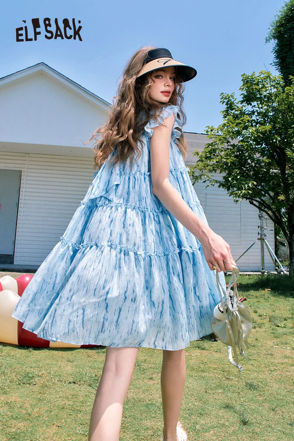 ELFSACK Blue flying sleeves doll collar cute style small princess blue dress