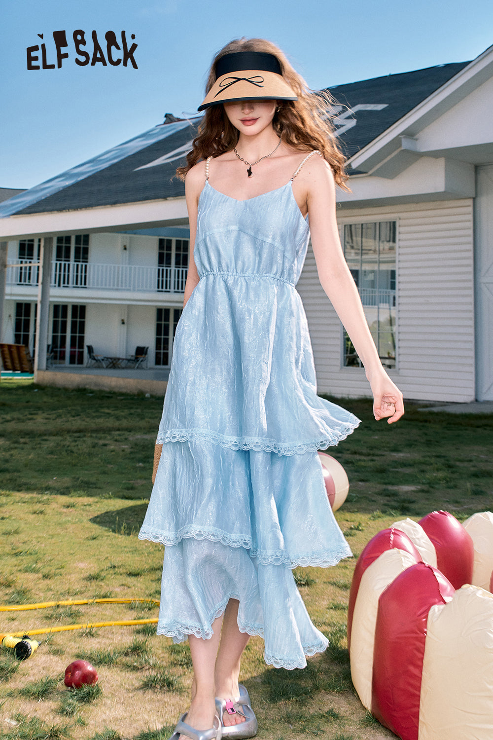 ELFSACK Pearl shoulder strap suspenders waist temperament cake skirt dress