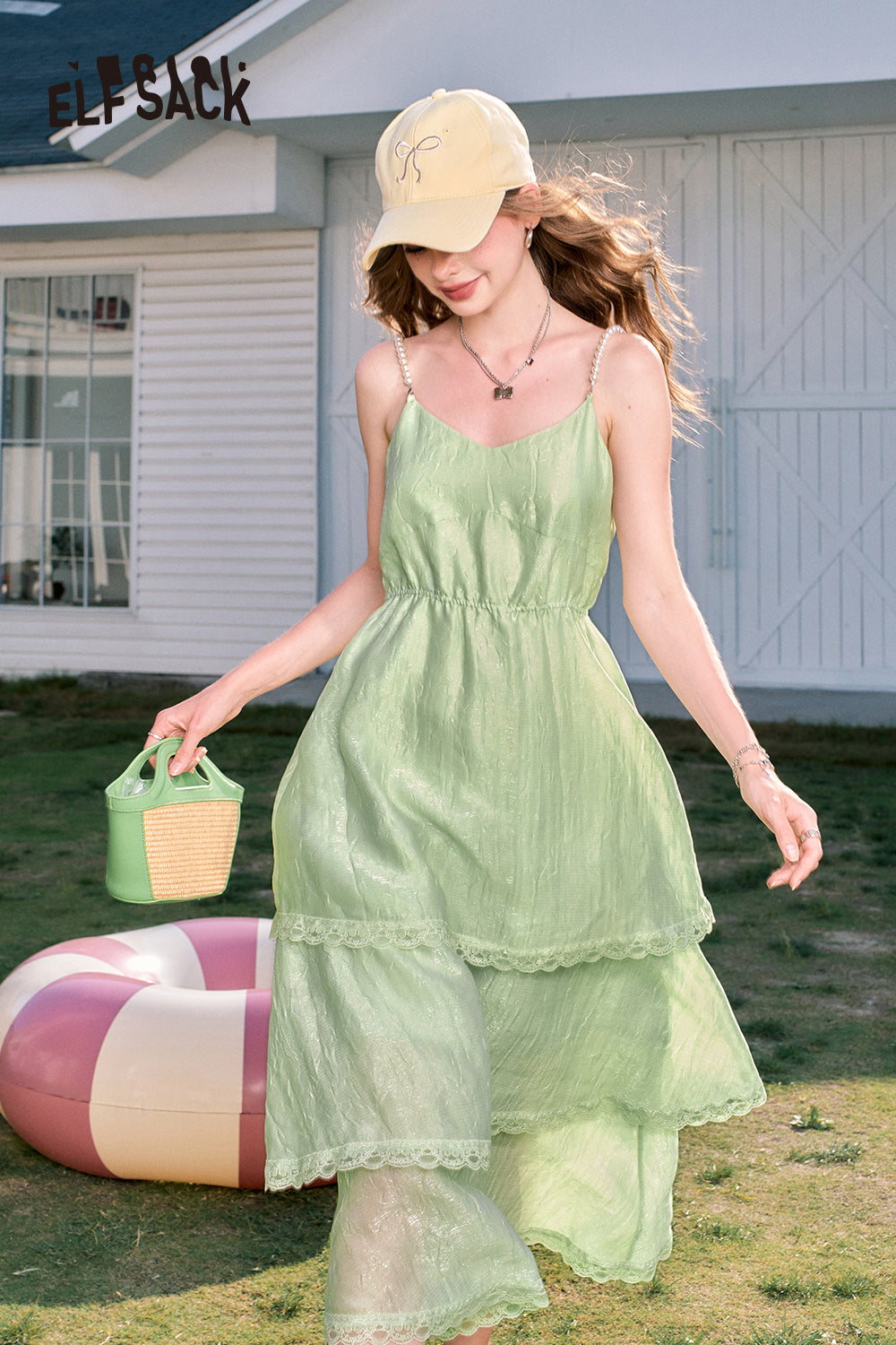 ELFSACK Pearl shoulder strap suspenders waist temperament cake skirt dress