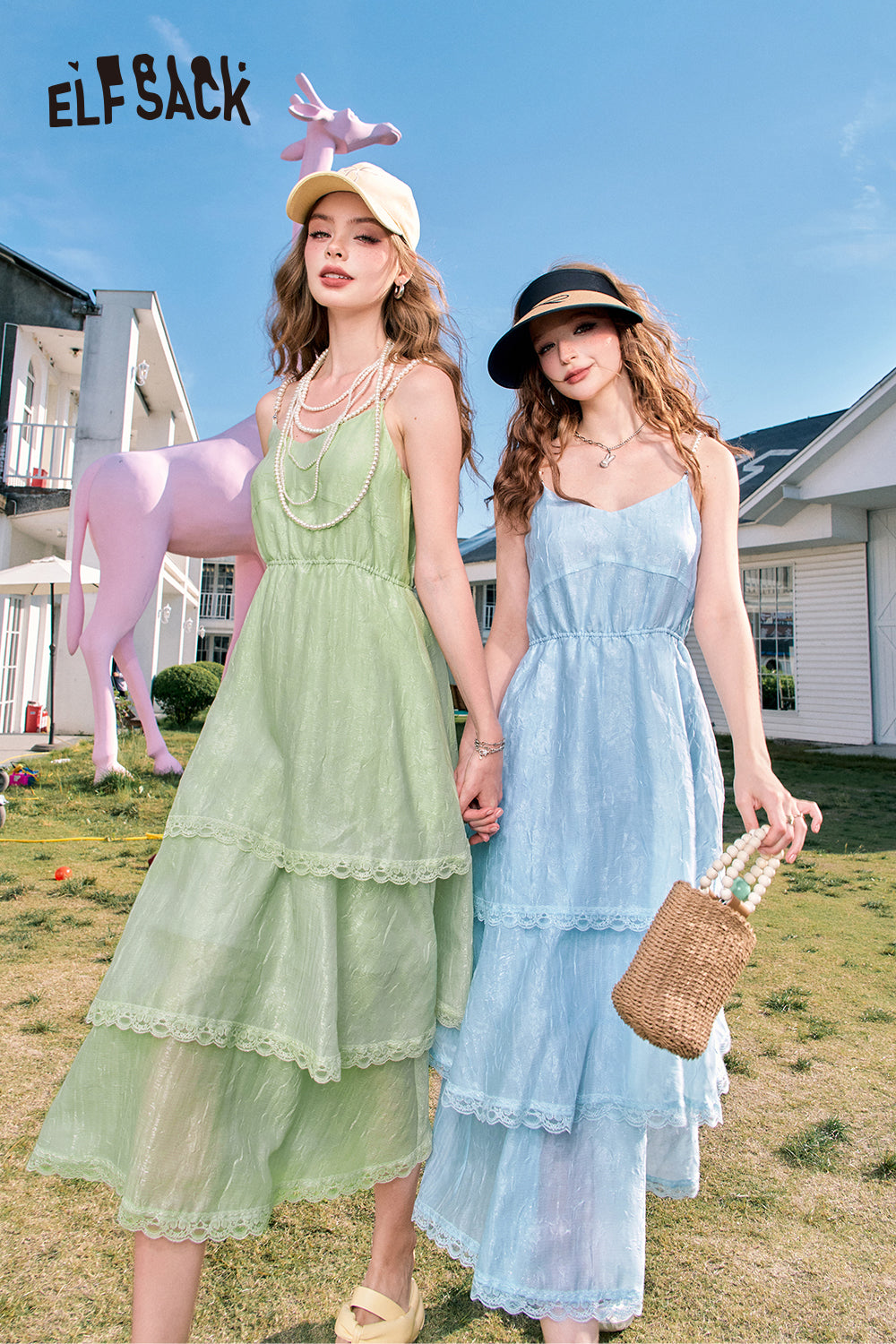 ELFSACK Pearl shoulder strap suspenders waist temperament cake skirt dress