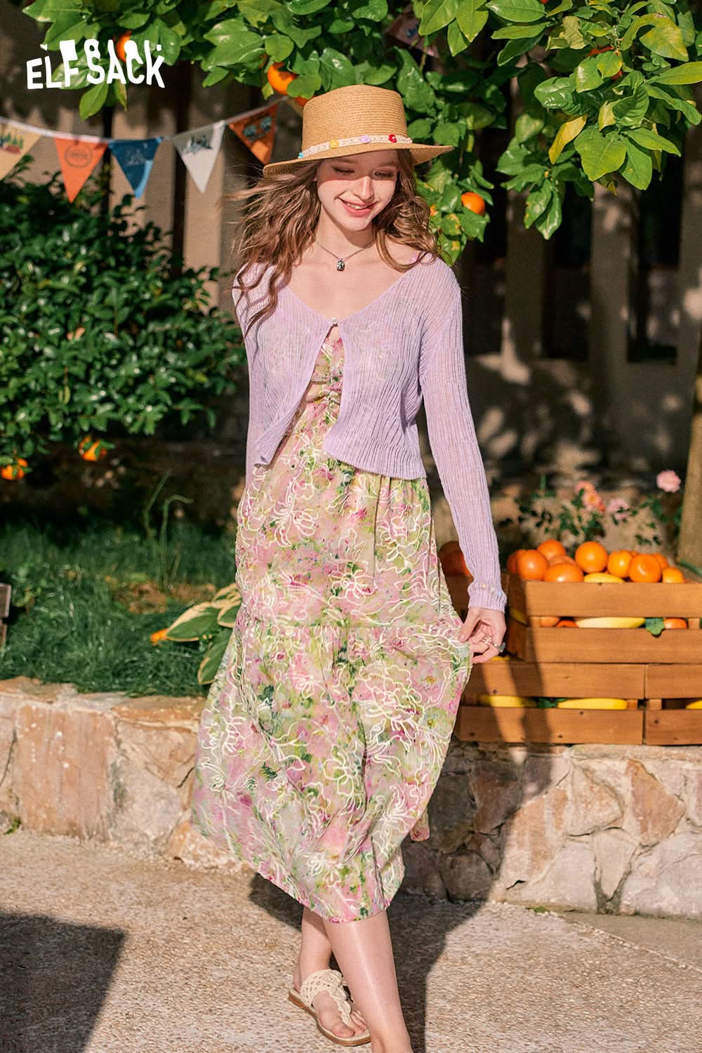 ELFSACK French pink floral slim temperament gentle style holiday suspender dress