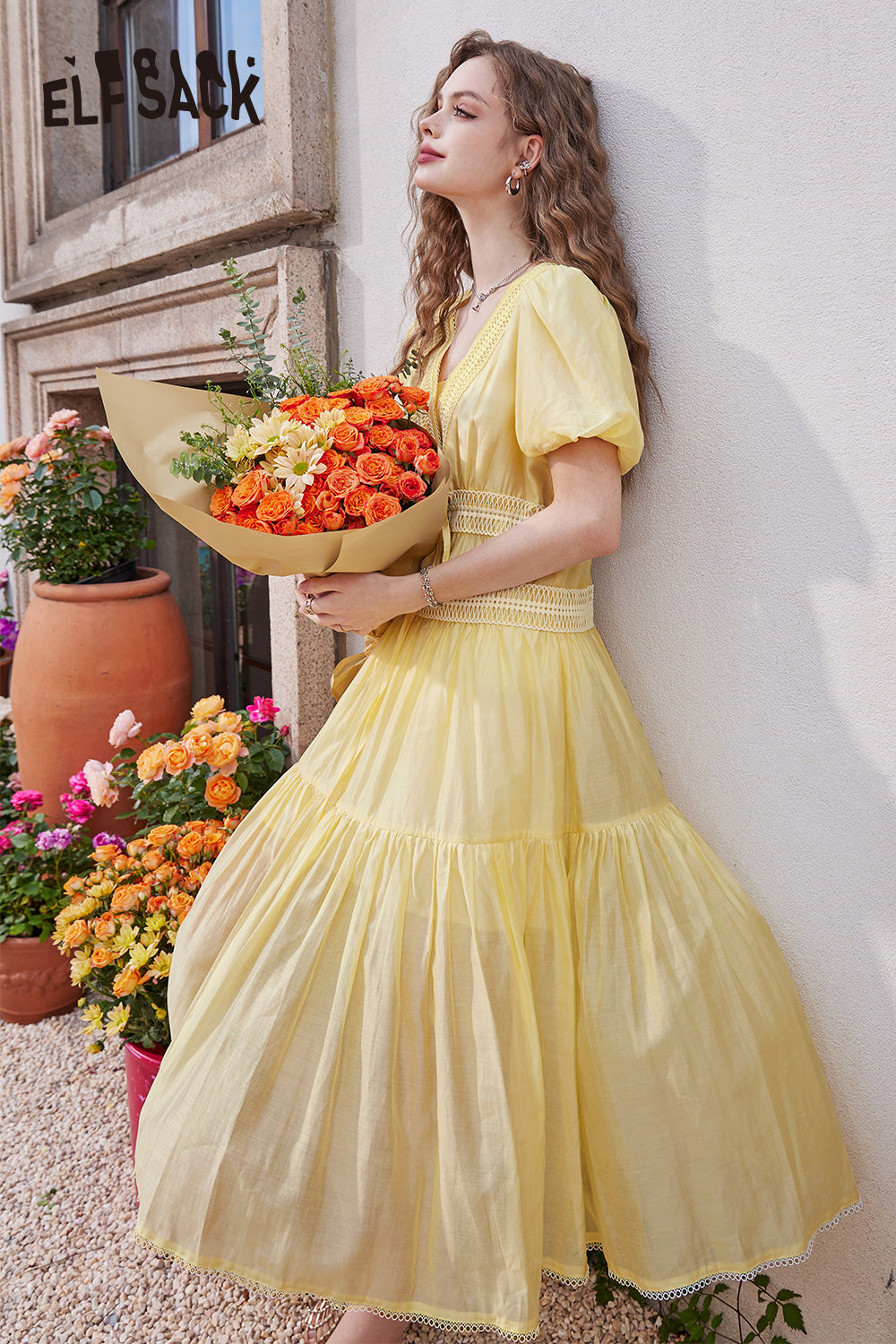 ELFSACK French V-neck puff sleeve gentle temperament solid color dress