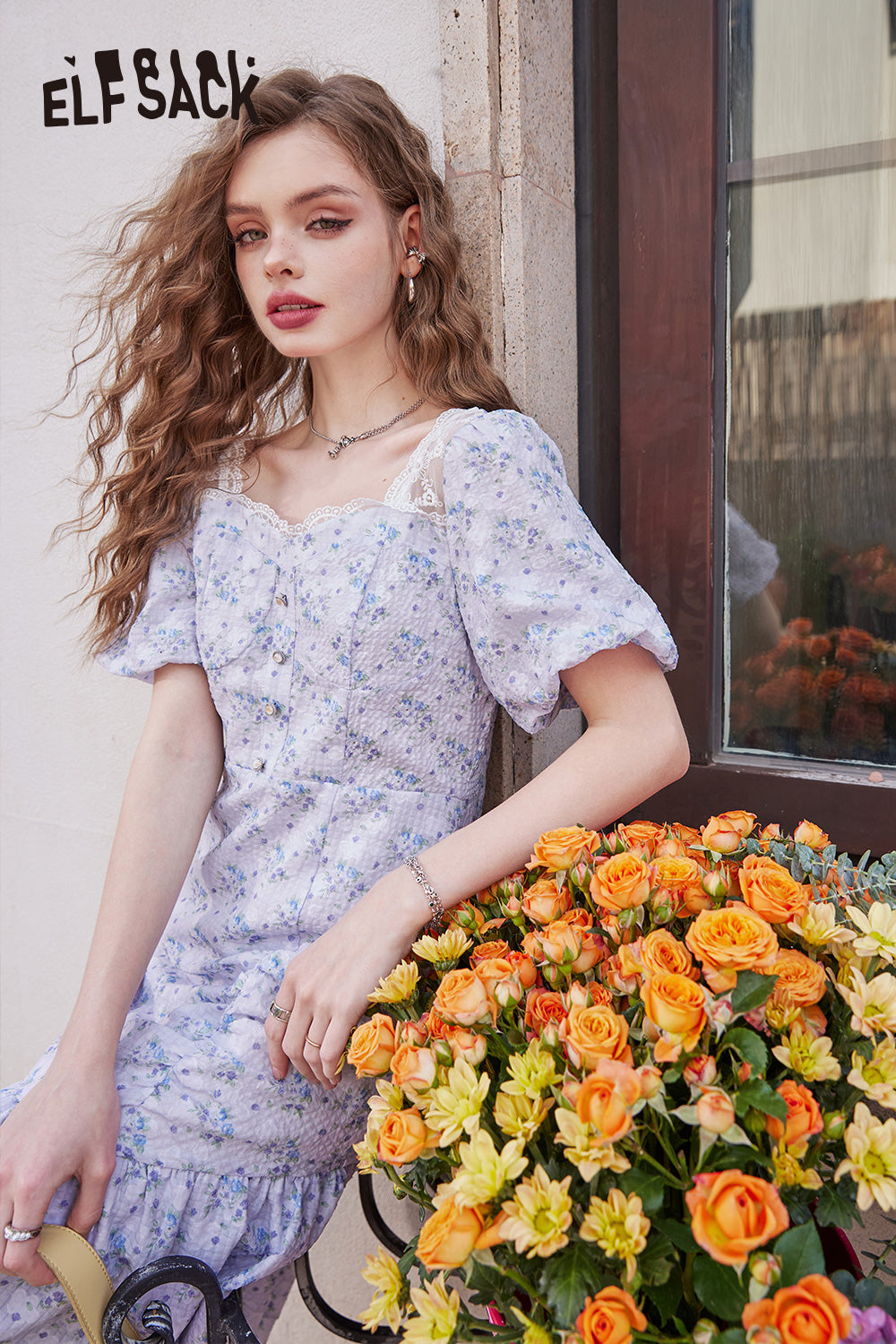 ELFSACK Ruffled puff sleeves floral temperament gentle holiday dress