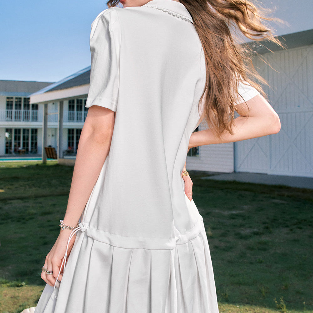 
                  
                    ELFSACK 2024 Summer New Arrivals White pleated preppy style cute age-reducing shirt dress for women
                  
                