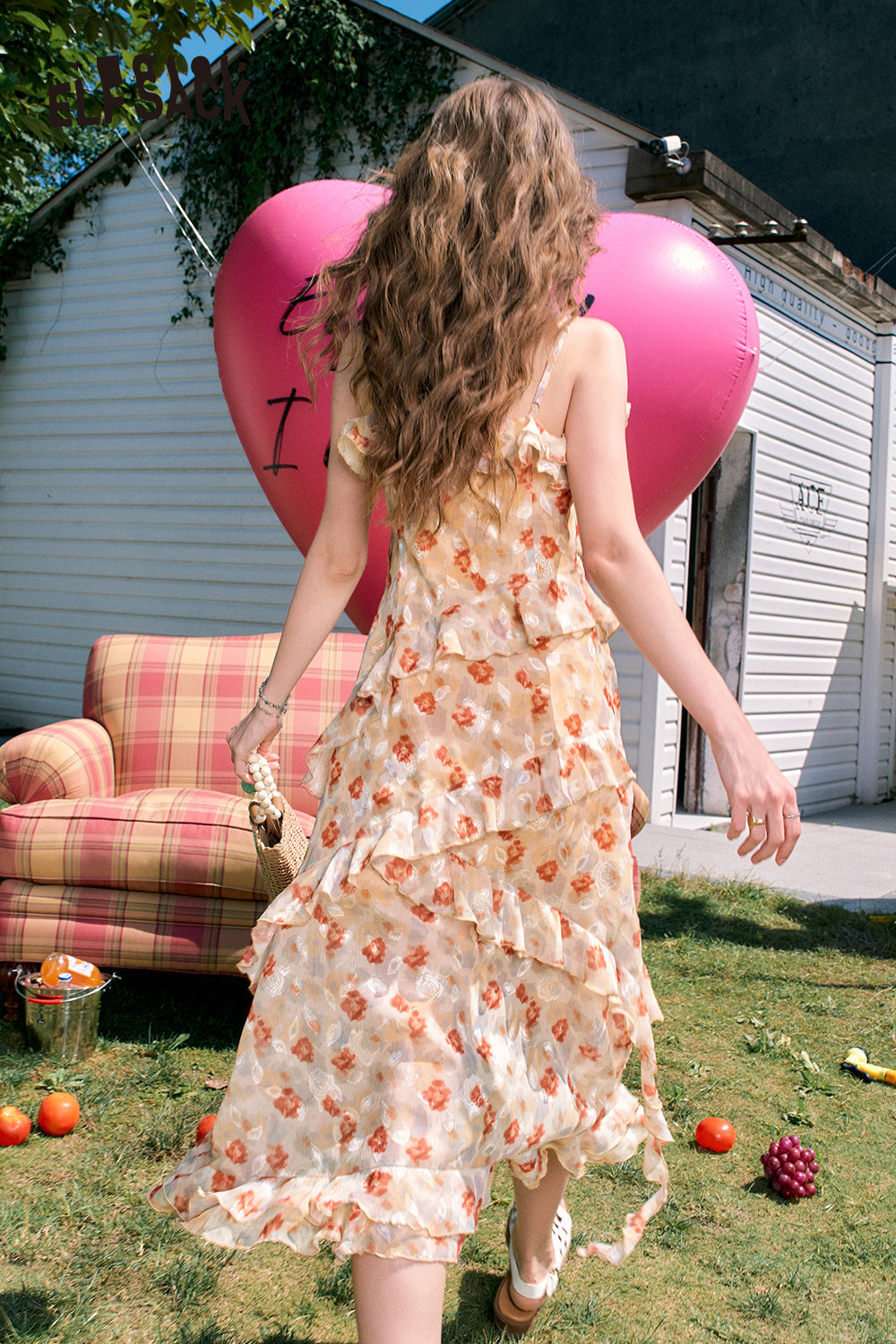 ELFSACK Ruffled green slit floral waist holiday style suspender dress