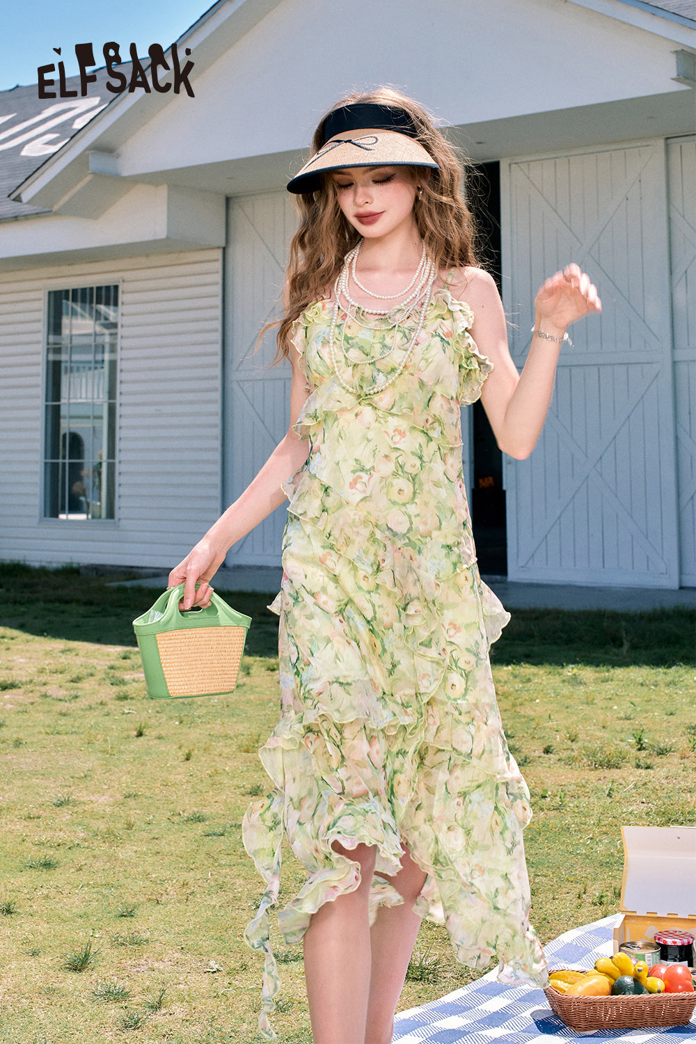 ELFSACK Ruffled green slit floral waist holiday style suspender dress