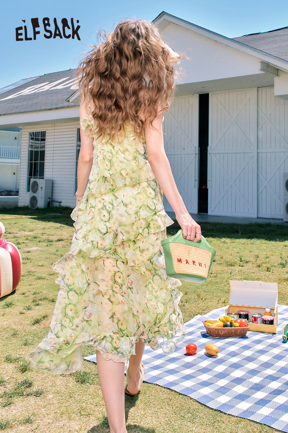 ELFSACK Ruffled green slit floral waist holiday style suspender dress